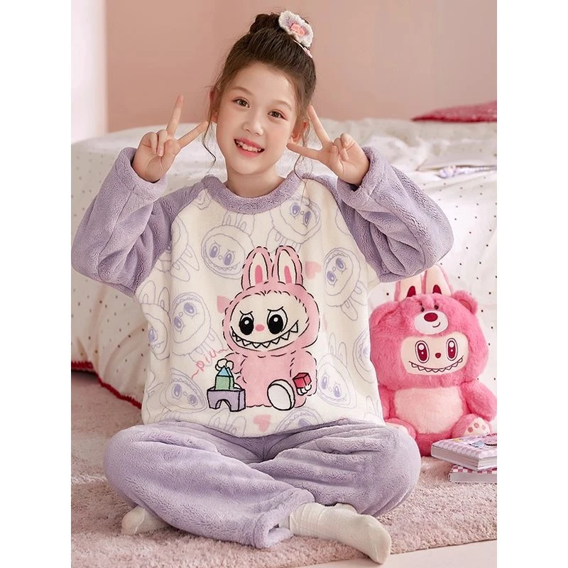 2025新款女童拉布布法兰绒睡衣冬季儿童珊瑚绒卡通可爱女孩家居服