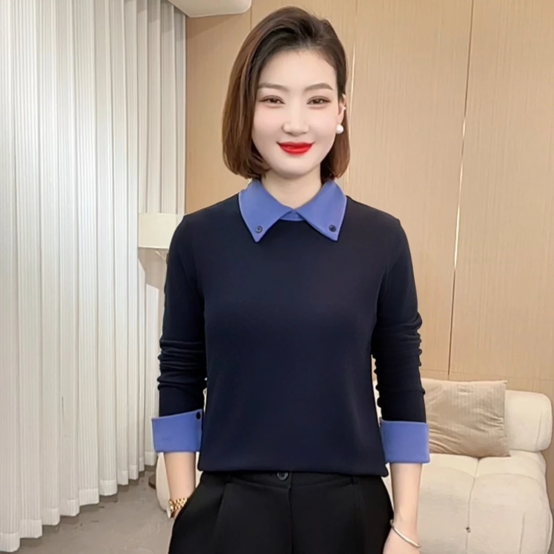 2025年冬新款百搭时尚显瘦气质减龄拼色翻领长袖打底小衫 P5967