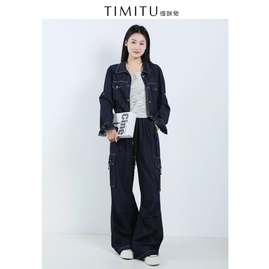 TIMITU缇咪兔复古工装蓝色牛仔外套直筒裤两件套装34321003
