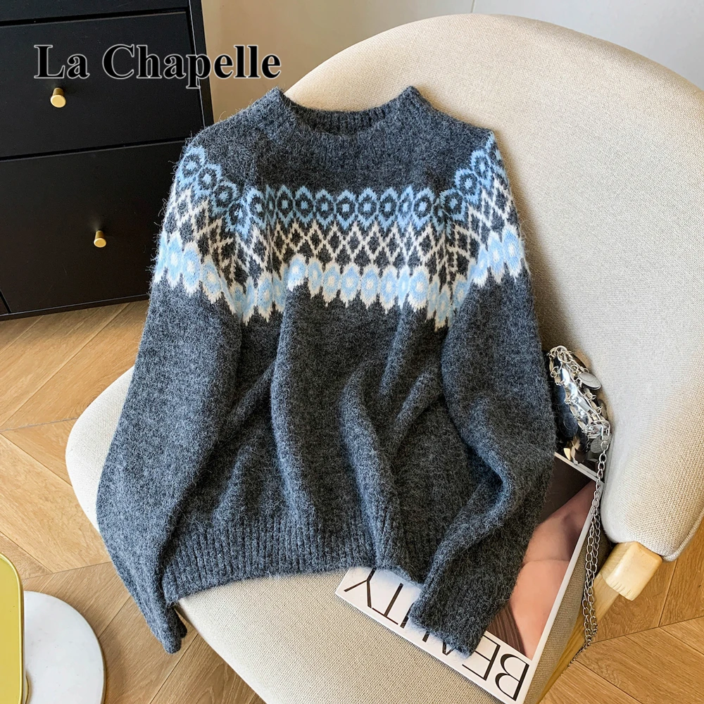 拉夏贝尔秋冬慵懒风小众花纹针织外套时尚撞色圆领套头费尔岛毛衣
