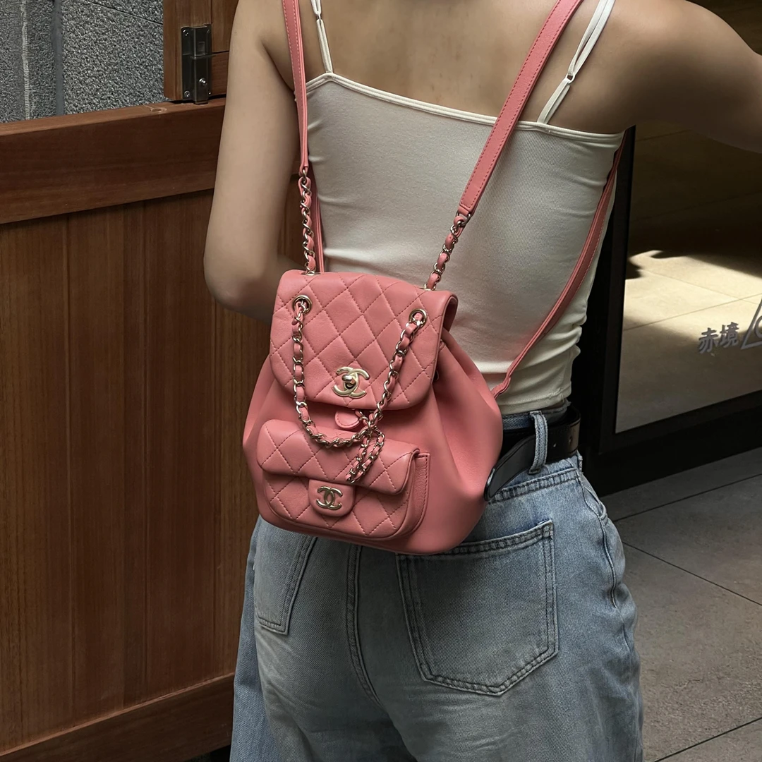99新 Chanel/香奈儿 4586 粉红金扣duma 双肩包小号芯片款