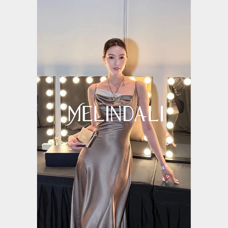 Melinda Li【老钱派对】私服醋酸荡领撞色斜裁收腰连衣裙气质吊带