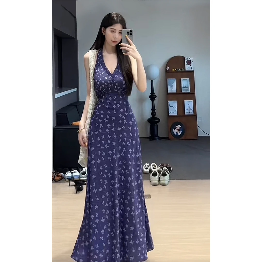 舒胡蕾 露丝花园 长款连衣裙夏季碎花高腰气质修身时尚显瘦设计感