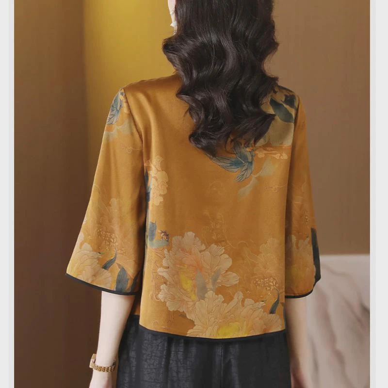 碎花中袖贵夫人上衣女2024新款遮肚子新中式杭州醋酸上档次衬衫女