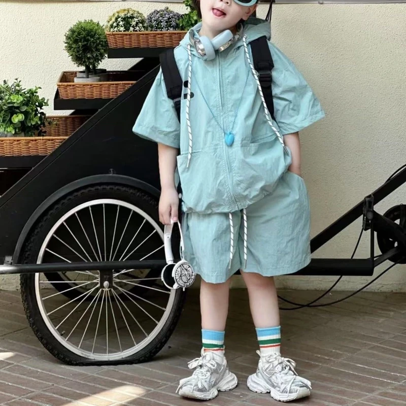 休闲风纯色夏季日常穿搭男套装男童学生宽松洋气五分上衣