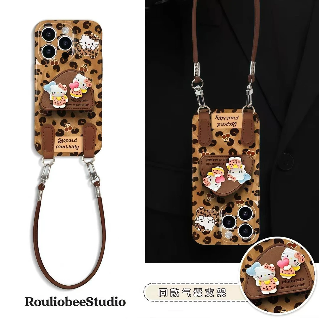 豹纹Kitty支架挂绳适用iPhone14苹果16手机壳华为p70vivo小米oppo