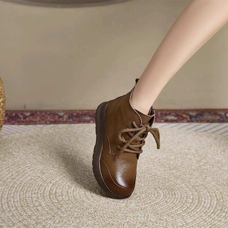 头层牛皮厚底真皮马丁靴女软底软面英伦复古休闲鞋系带大码短靴子