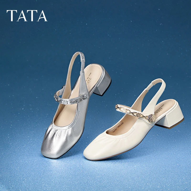 【邱莹莹专享】TATA/他她气质百搭包头凉鞋女后空凉鞋粗跟7ACD4BH4