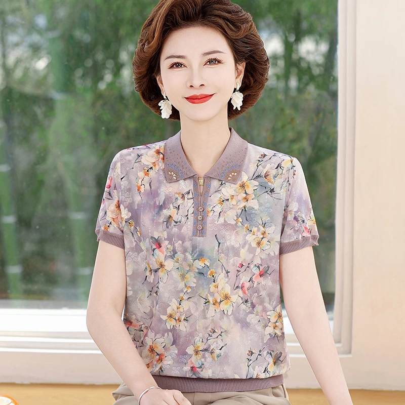 中老年女装夏季碎花薄款上衣服大码妈妈装时尚宽松短袖T恤小衫033