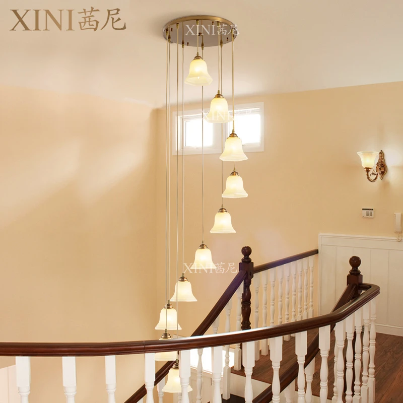 法式美式全铜吊灯全铜复式楼梯间长吊灯轻奢别墅中空旋转楼梯灯具