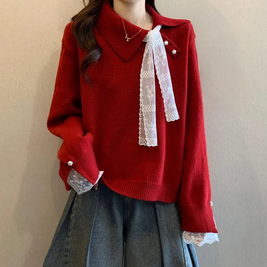 红色假两件蕾丝拼接长袖针织衫毛衣女秋冬大码胖mm高级感慵懒上衣