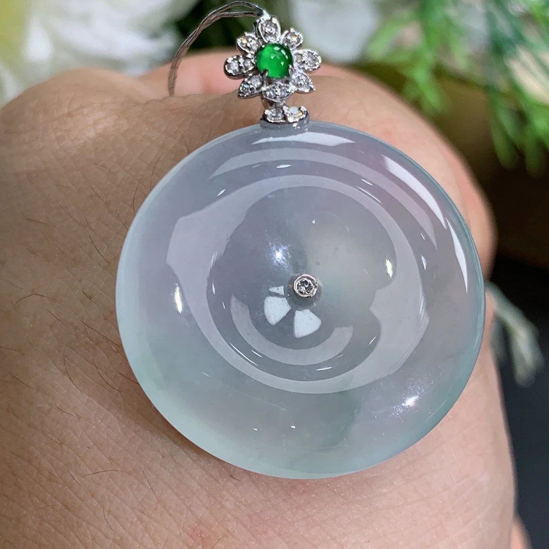 尺寸34.7×26.6×5.7缅甸天然翡翠A货18k金正冰胶纯平安扣吊坠