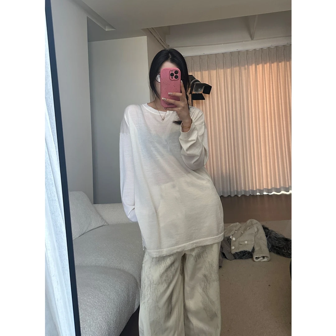 微透超细羊毛杨子纱T恤打底衫女长袖宽松版 YZ01