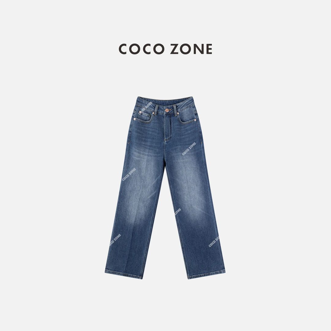 COCO ZONE 刘一一棉牛仔裤磨毛冬季水洗猫须直筒裤CC1D2858