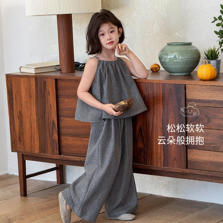 【轻柔透气•简约甜酷娃娃衫套装】女童夏季新款无袖吊带阔腿裤两件