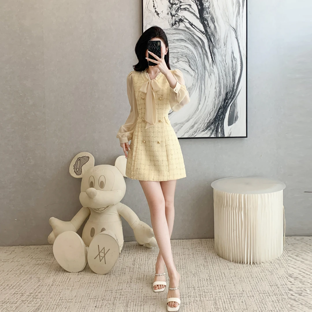 富家千金风气质长袖连衣裙女春秋季新款高级感收腰显瘦假两件短裙