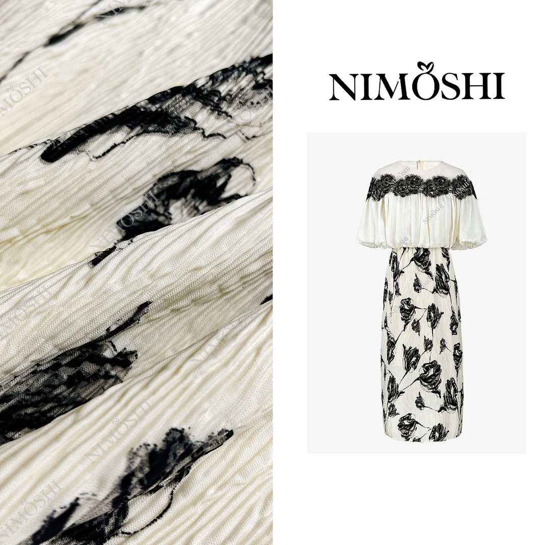 NIMOSHI【倩倩】轻奢拼接蕾丝古风水墨印花高腰气质显瘦连衣裙Q2022