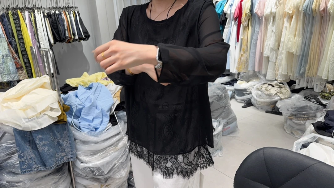 长袖蕾丝新中式纯色拼接雪纺衫黑色时尚衬衣衬衫打底女士流苏