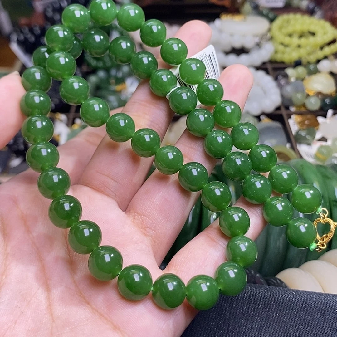 和田玉未镶嵌颈饰碧玉阳绿辣绿老矿料妈妈链9.5
