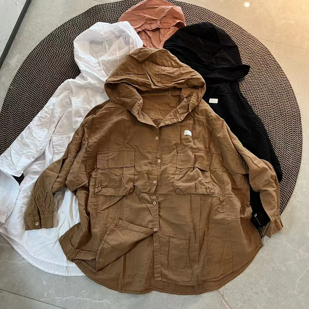 连帽棉麻衬衫上衣女口袋设计感小众宽松大版8967#