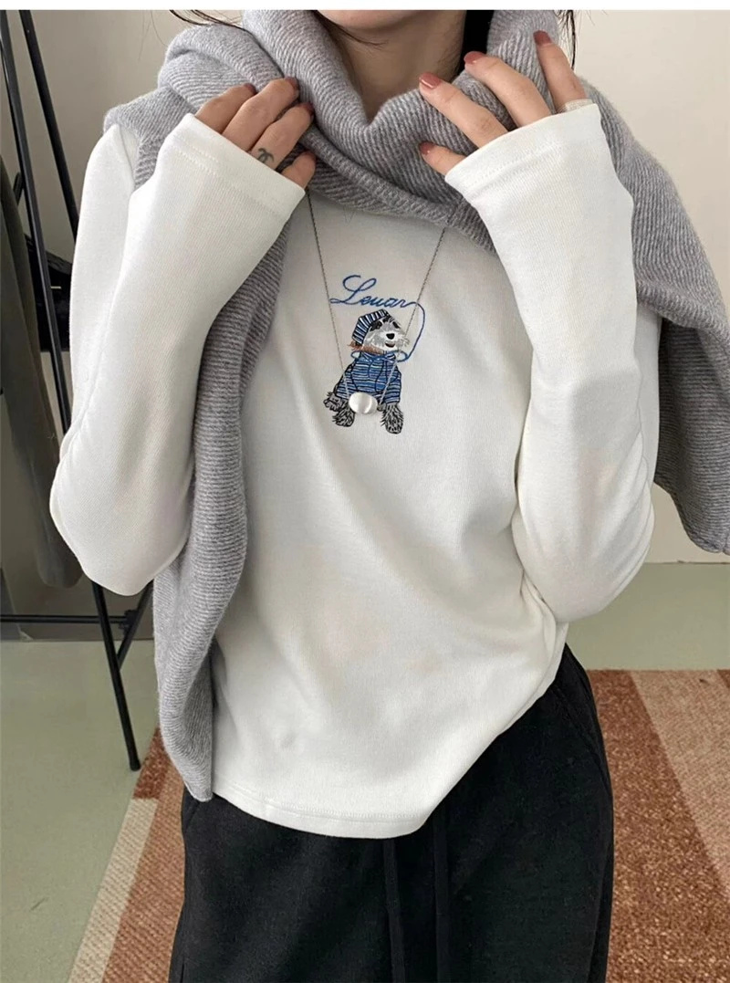 韩国东大门iDsisters狗旺财图案面料巨软糯秋冬磨毛长袖T恤55917