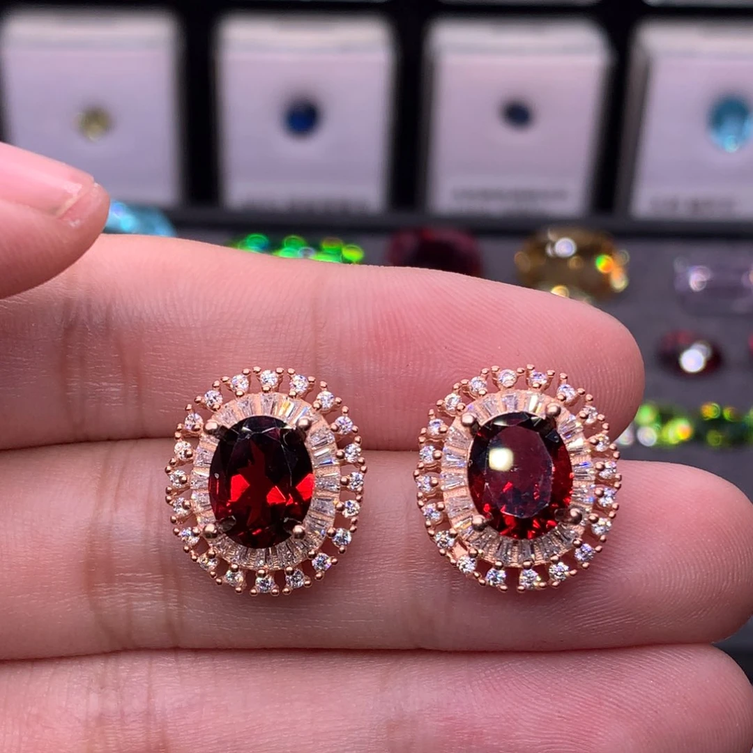 石榴石（芬达石）耳钉银S925镶嵌
