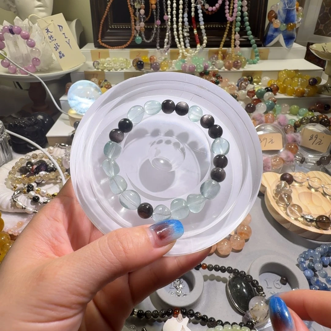 水晶未镶嵌手链萤石小糖豆➕银曜石手串