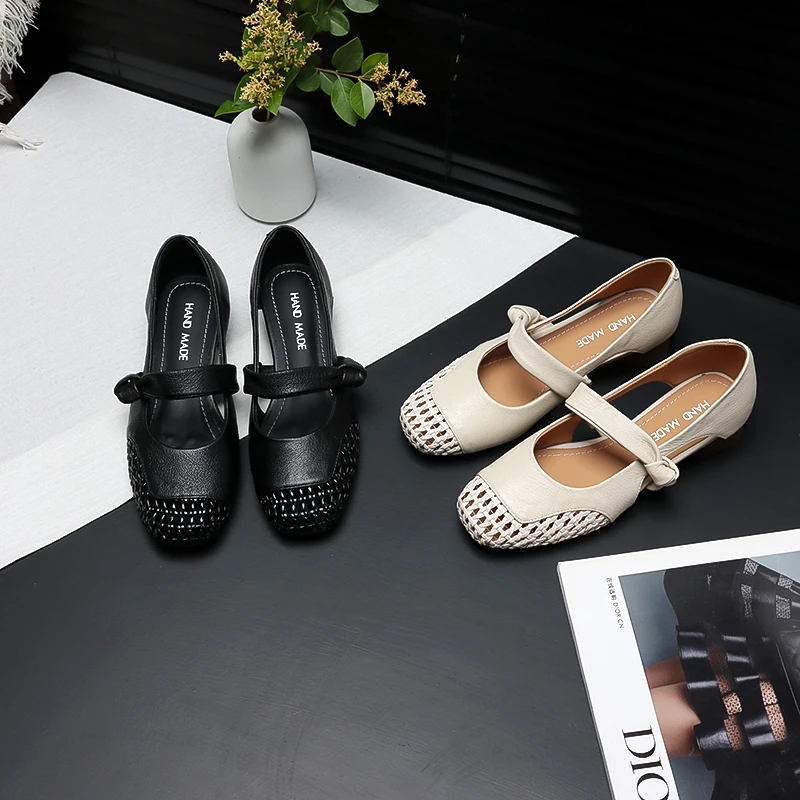 大码34-41跟高3cm头层羊皮手工编织夏季凉鞋中空女鞋小单鞋玛丽珍