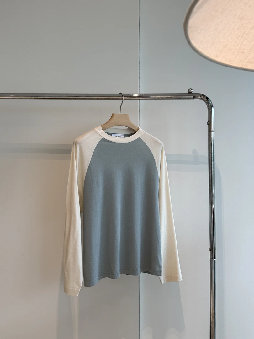 luluzou莫兰迪色拼色插肩袖圆领长袖T春季薄款外穿T恤9816