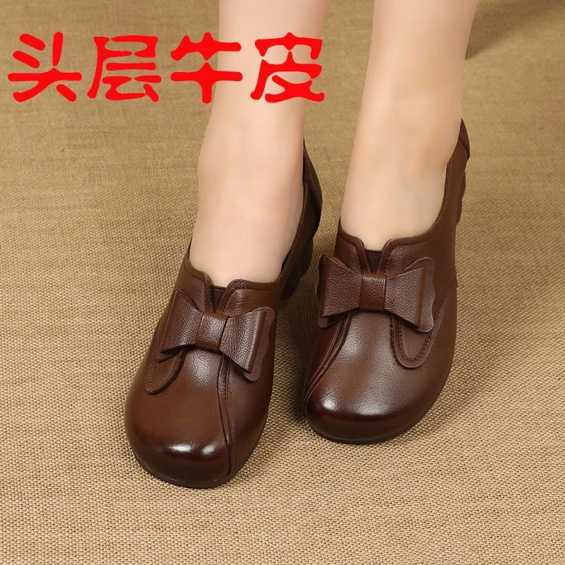 民族风女鞋春季新款真皮复古低跟皮鞋时尚牛筋软底浅口牛皮妈妈鞋