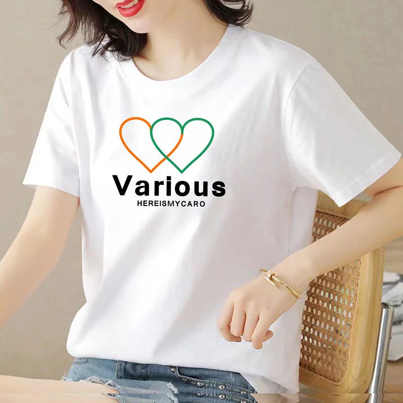 （彩色双环爱心 字母）新款纯棉短袖T女款 宽松显瘦百搭