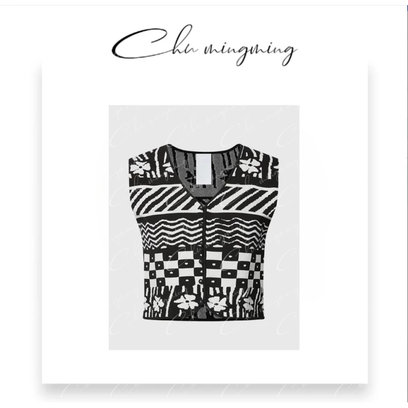 【CHU/2024SSNEW】原创设计黑白条纹花朵无袖背心WHC18