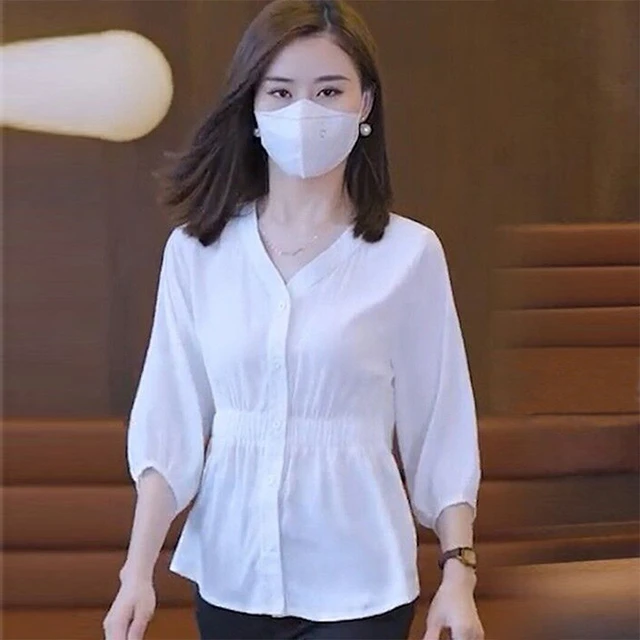 v领衬衫女夏半袖2025新款遮肚七分袖上衣小个子收腰白色女士衬衣