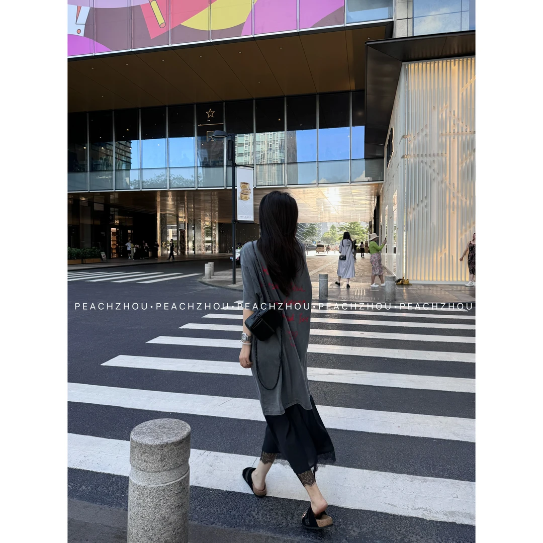 『PEACHZHOU』破坏做旧巴黎风情人节系列蕾丝花边长款短袖连衣裙女