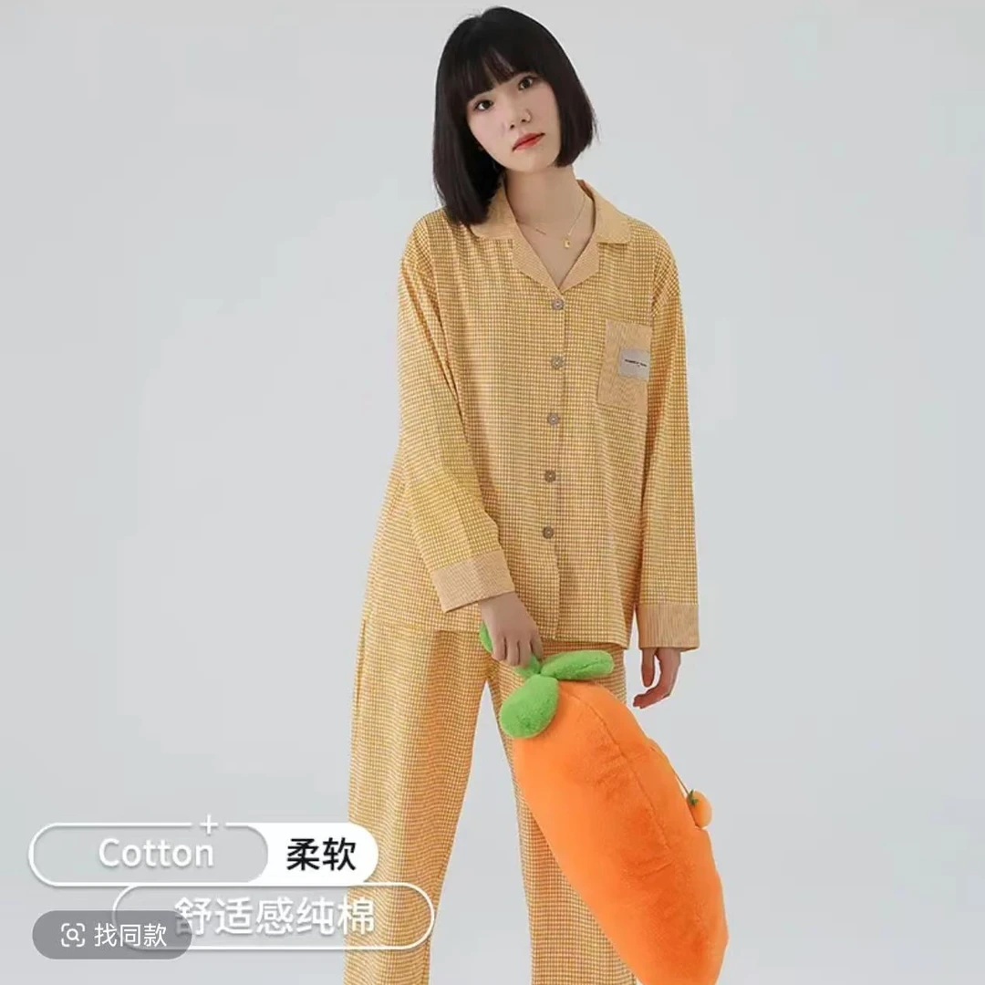 2025长袖女可外穿翻领睡衣家居服套装休闲春秋格子