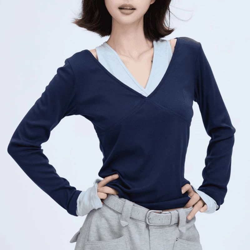 2025秋季新款撞色上衣女V领打底衫长袖休闲假两件创意修身型T恤