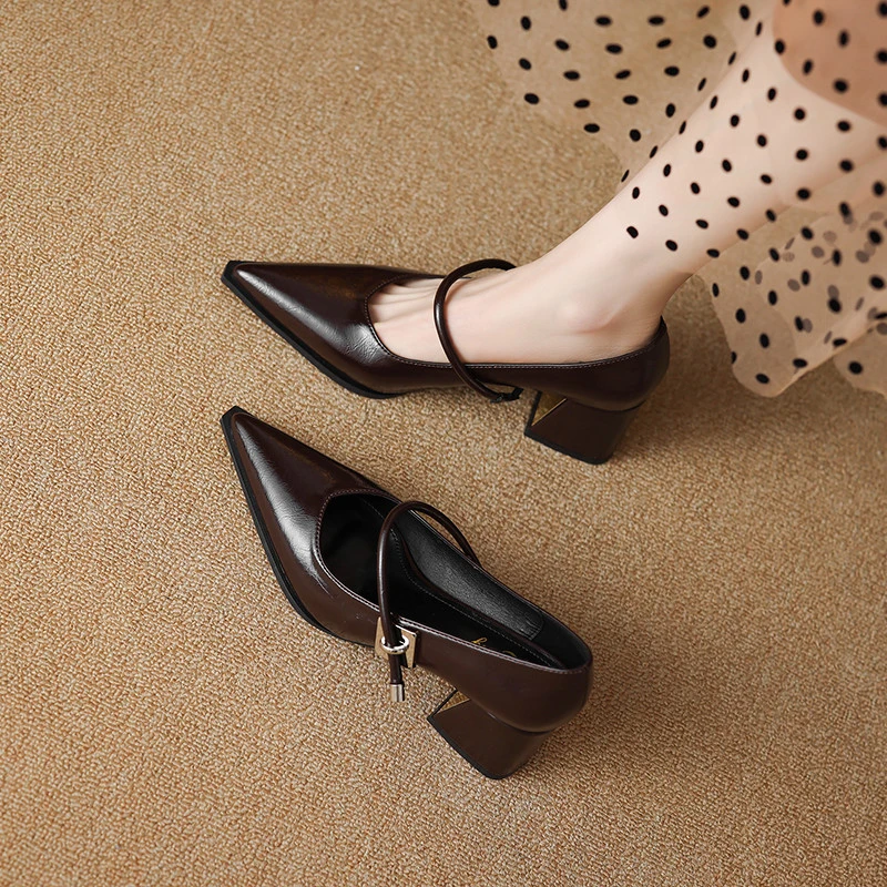 柔软牛皮版 ！2025夏季新款法式尖头粗跟一字扣带玛丽珍绝美高跟鞋