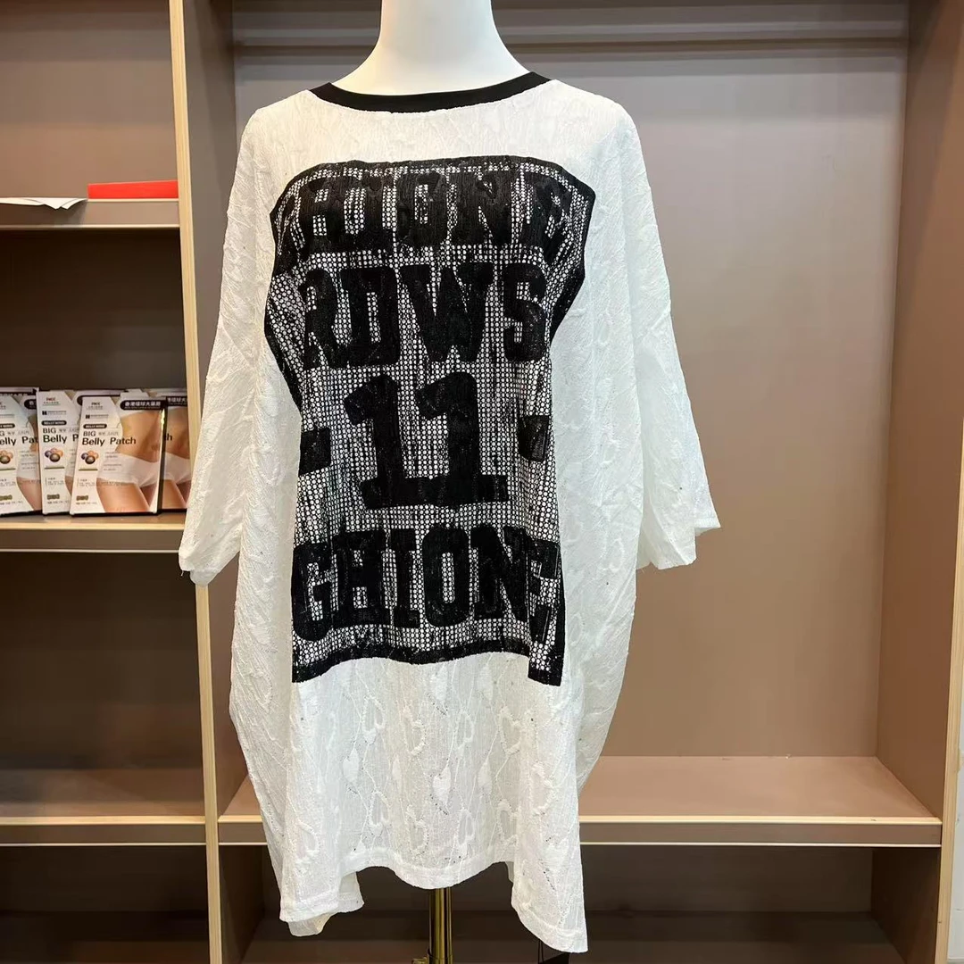 S8379宽松型短袖女性提花镂空带图案大码T恤中长款常规款