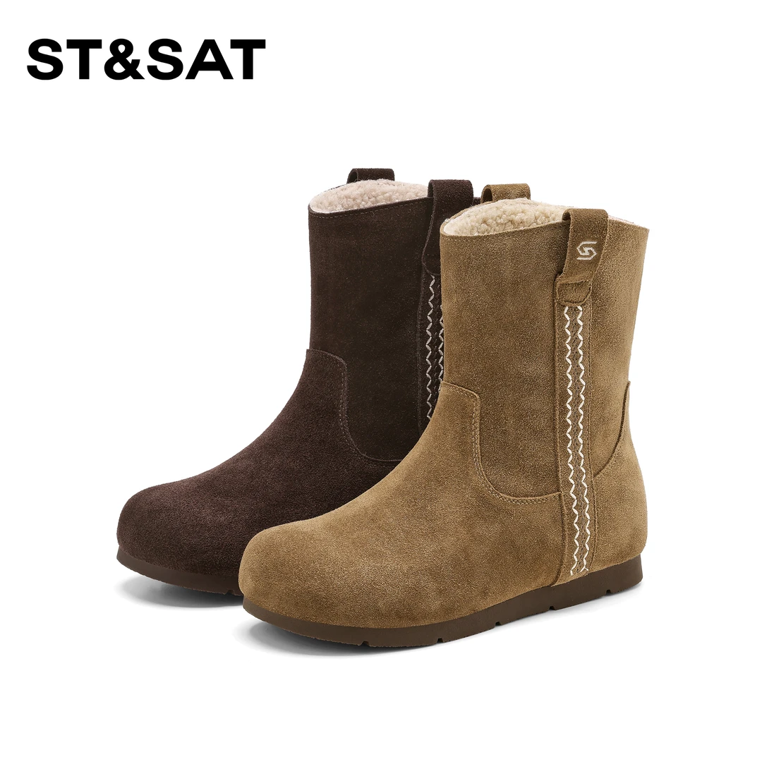 St&Sat/筒靴女2025秋冬新款简约复古英伦风百搭套脚雪地靴