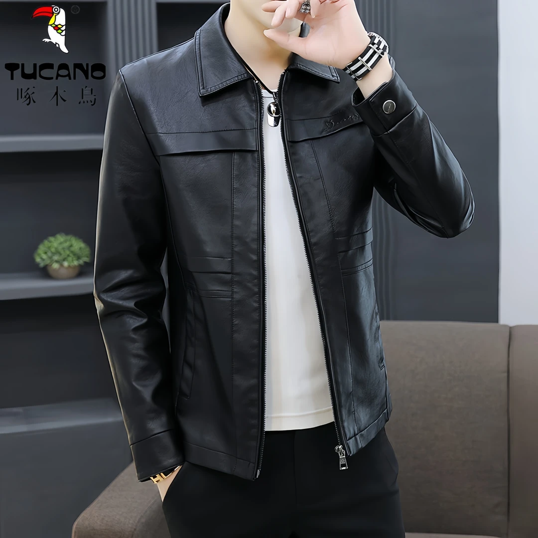 啄木鳥海宁皮衣青年春季韩版修身帅气男士机车百搭男装外套