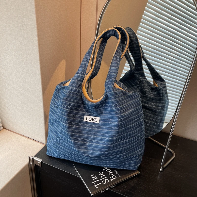 新款深浅条纹包包腋下单肩包大容量通勤学生便携托特包