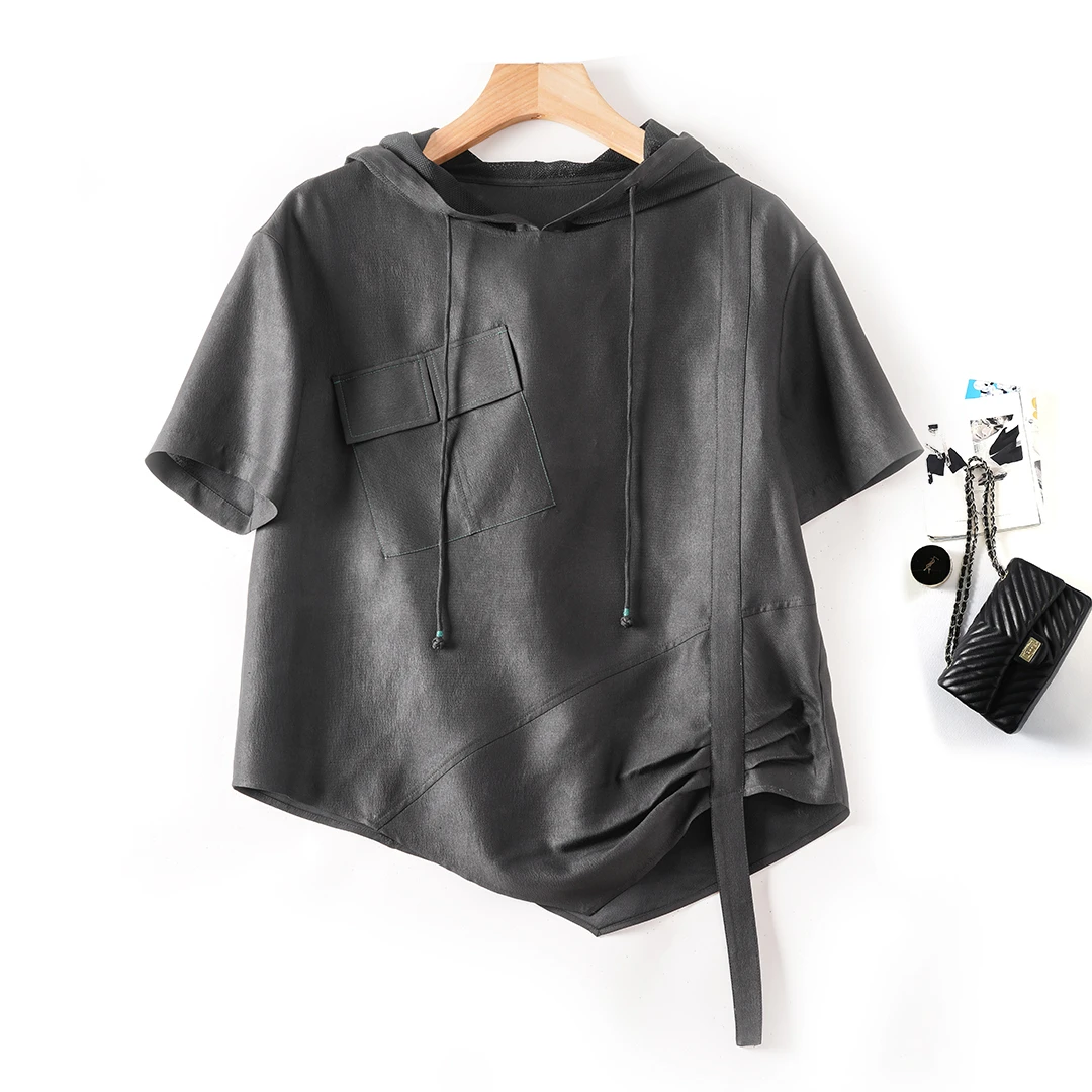 100%桑蚕丝香云纱珍珠缎三分袖高端女装印花真丝时尚休闲连帽上衣