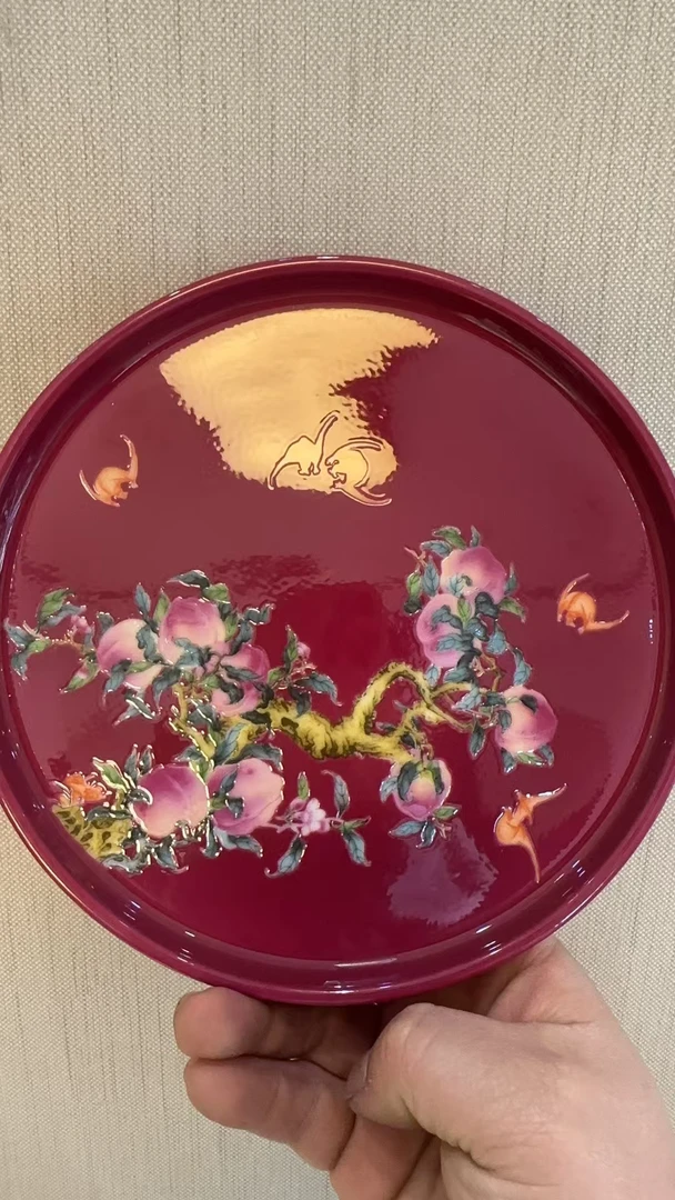 珐琅彩精工胭脂红圆形壶承