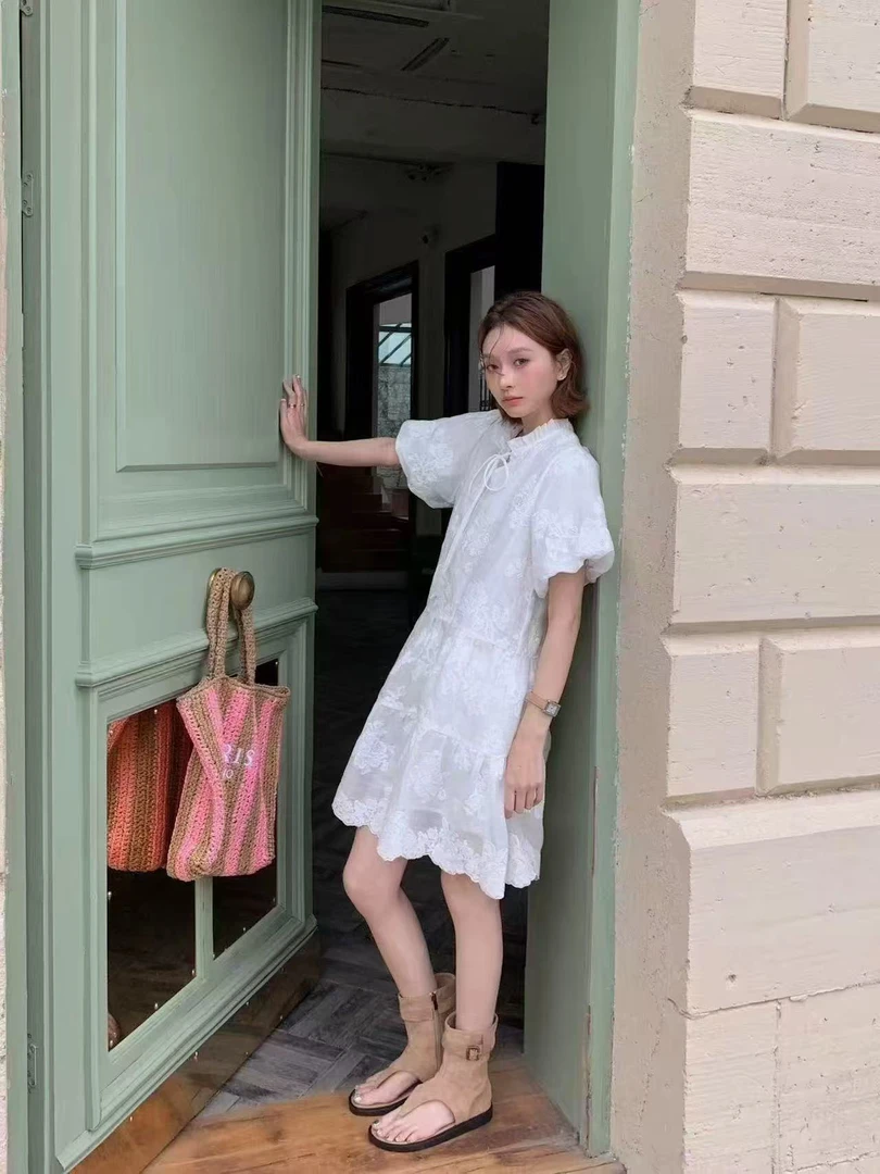 【晨浠定制】新款时尚气质提花泡泡袖立领连衣裙5550