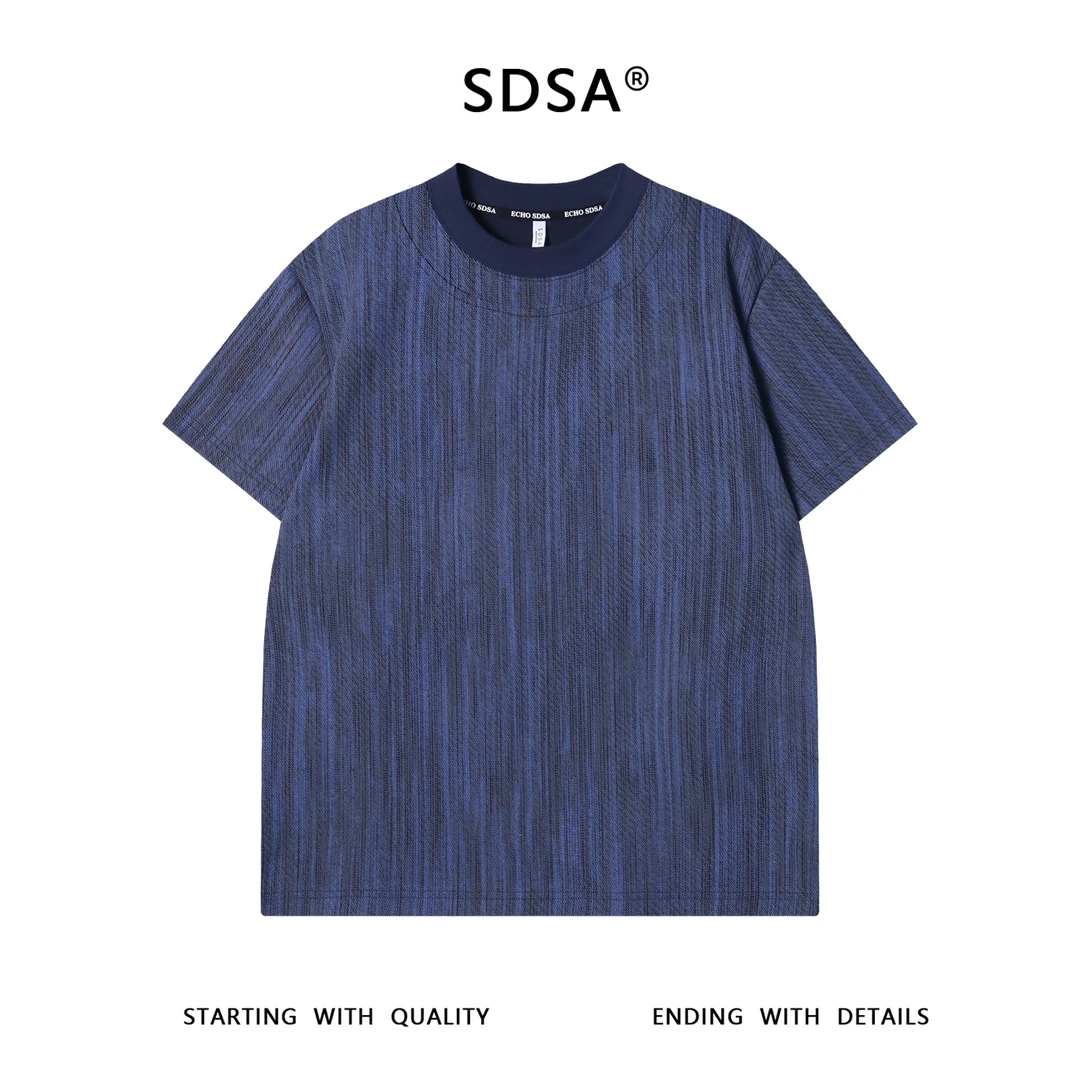 夏季高级感新款韩版撞色裁剪肌理感圆领短袖T恤潮流百搭套头上衣