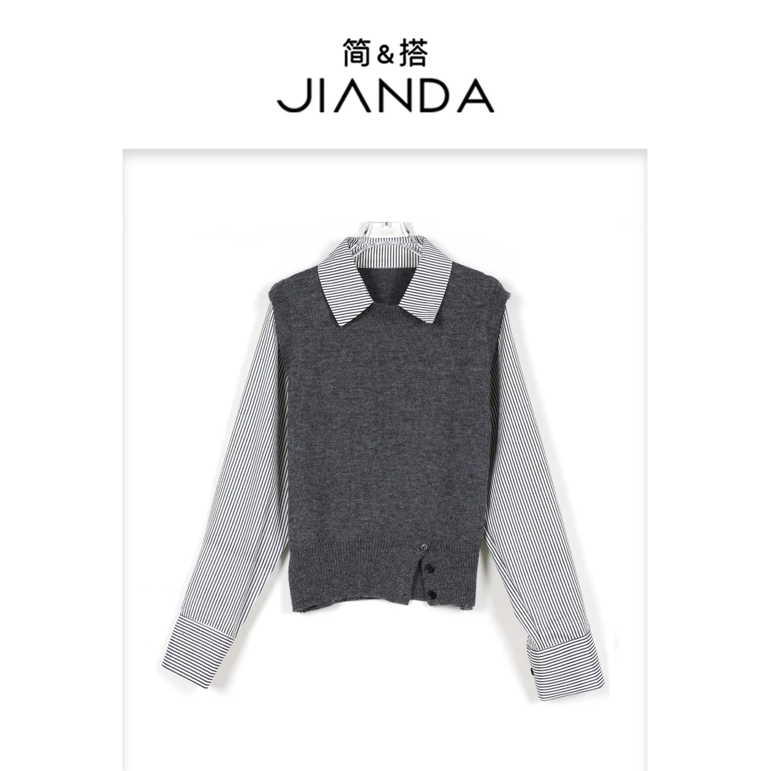 简&搭【千屿Sheila】翻领条纹拼接毛衣253-MY/0922-2585
