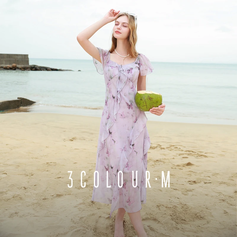 3794-D402FM10BL20三彩2025夏季新款木耳边荷叶袖蝴蝶印花雪纺dbx