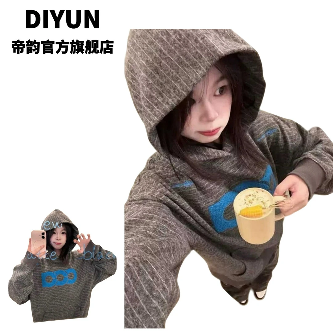 美式重磅字母刺绣条纹连帽卫衣女秋冬加绒加厚宽松慵懒风帽衫外套