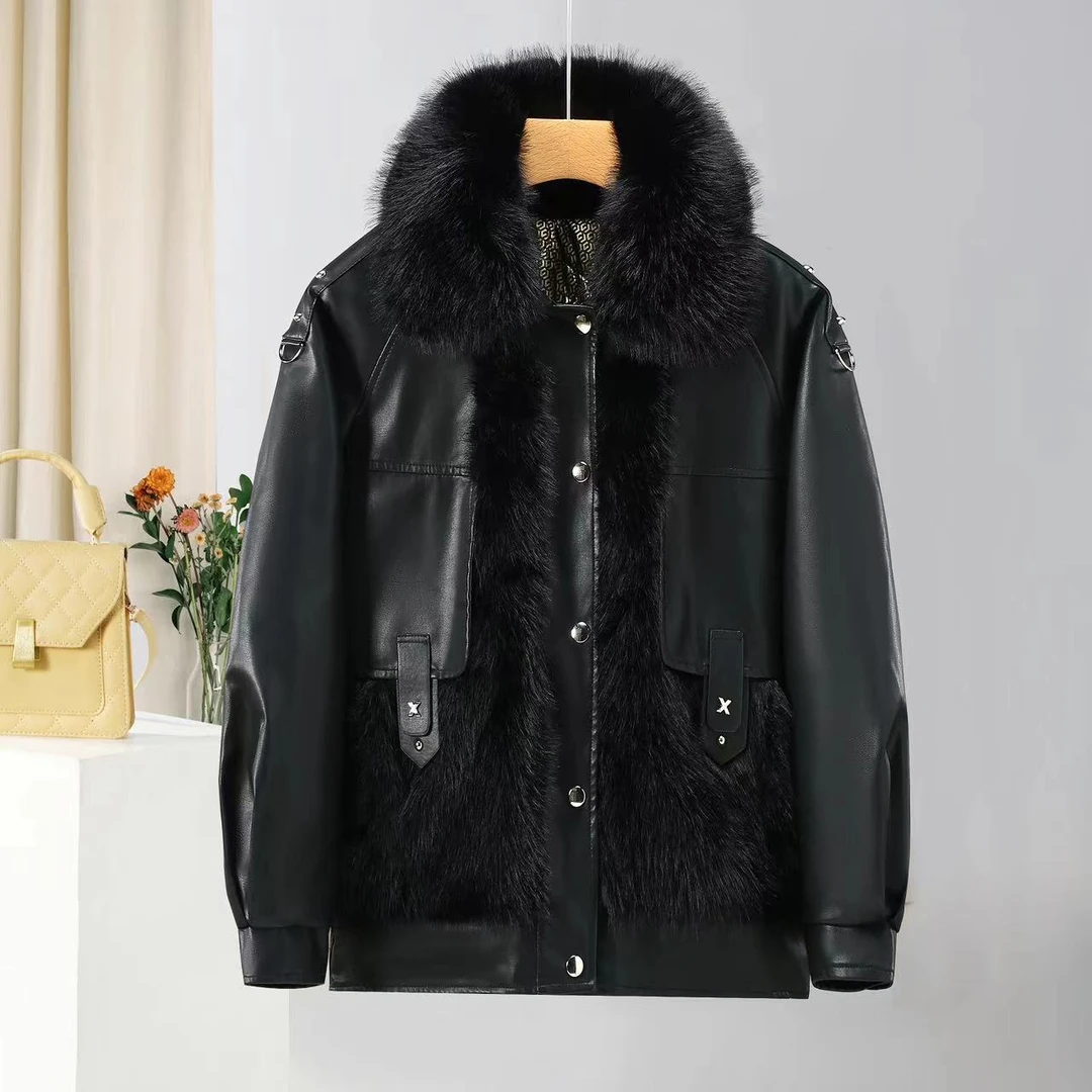 高端毛毛拼接宽松保暖时尚加厚外套X27679