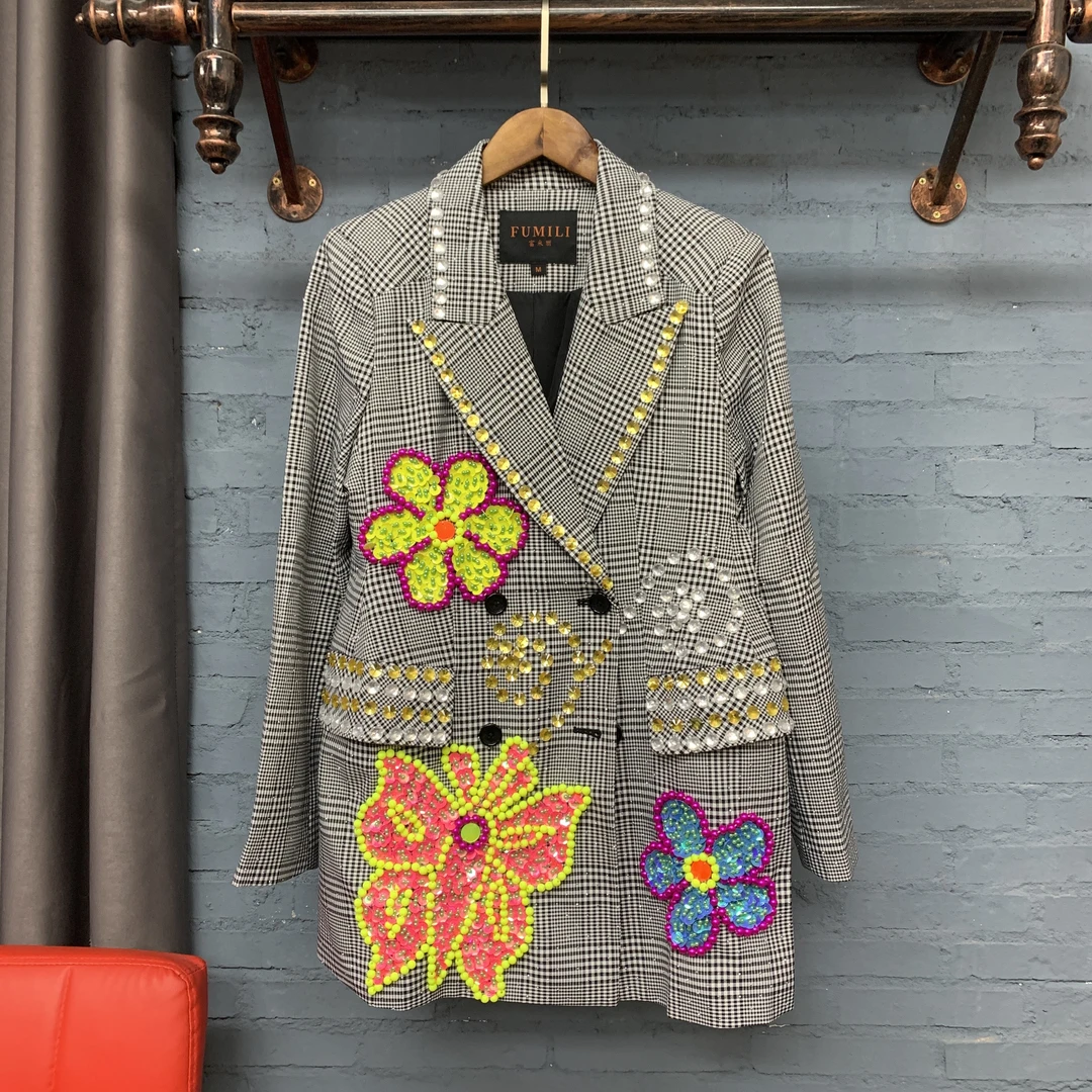 满天星烫钻千鸟格西装外套